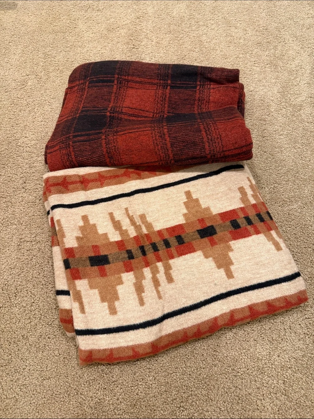Patterned Wool Blanket Throw in Rust, Black & Cream
